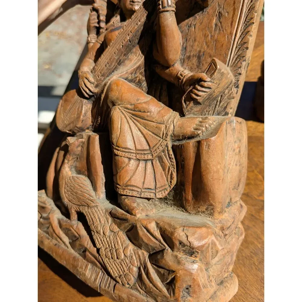Pair Vintage Hand-Carved Wood Indian Goddess - Saraswati & Gayatri - 12